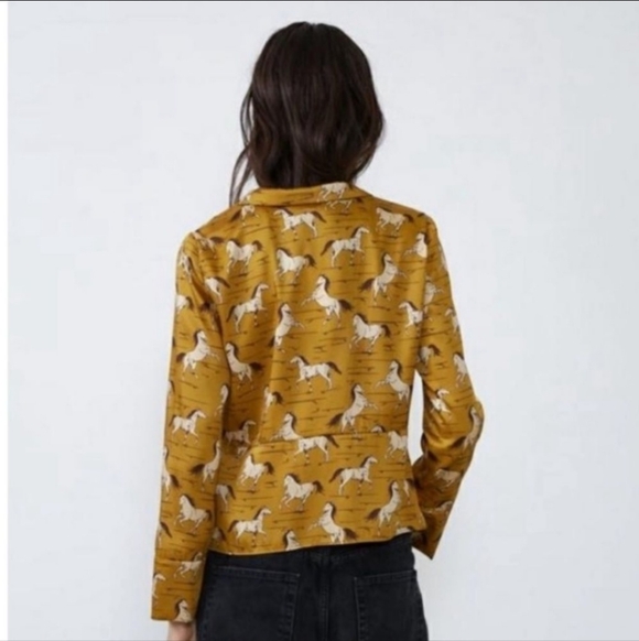 Zara Mustard Horse Print Blazer-Style Satin Feel Shirt - Picture 2 of 4